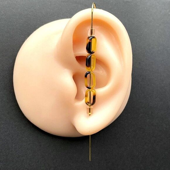 Yellow Gold with Oval Acrylic Tortoise Shell Ear Crawler Hook Earring Pin - Picture 6 of 8